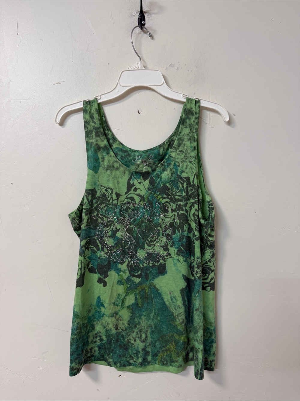 Green Floral Scoop Neck Tank Top with Rhinestone Accent